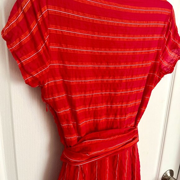 Tristan Red Striped Faux Wrap Cotton Blend V Neck Dress with Tie Belt Cap Sleeve - Picture 14 of 15